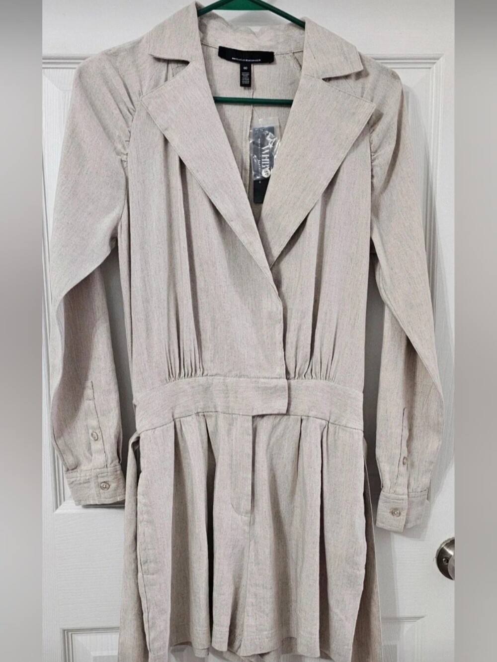 White House Black MarkeCream Long Sleeve Pleated Waist Trench-Style Dress Romper